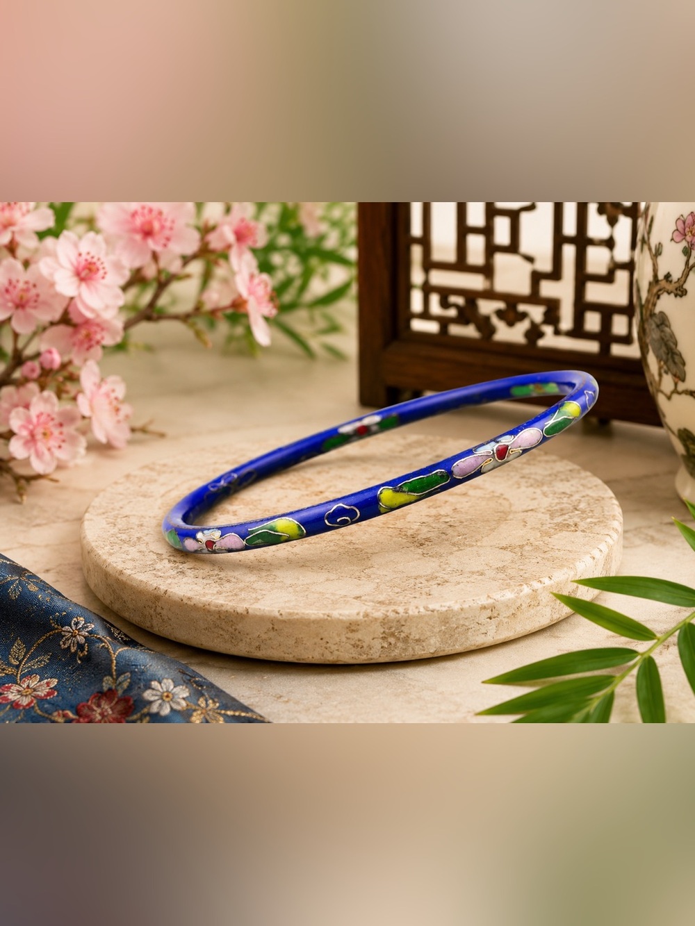 Blue Cloisonné Floral Bangle Bracelet 7 1/2’